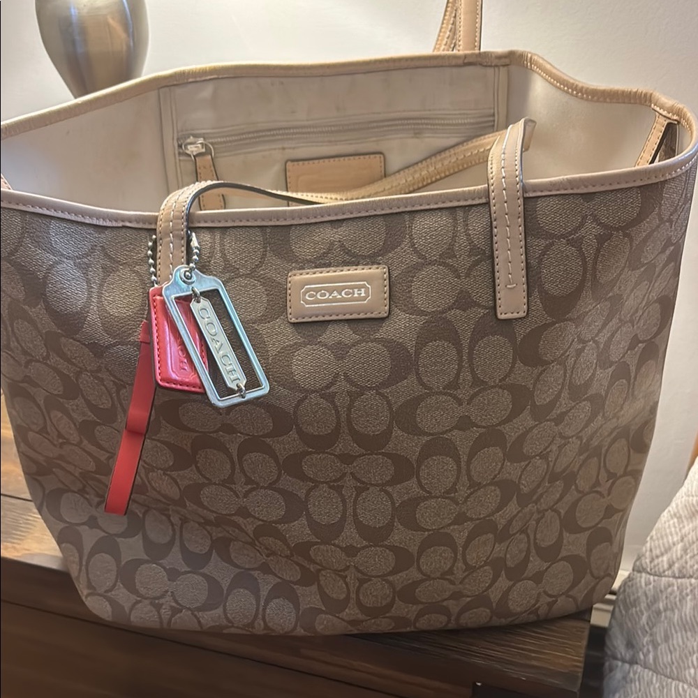 Coach Brown Monogram Tote Bag with Leather Trim